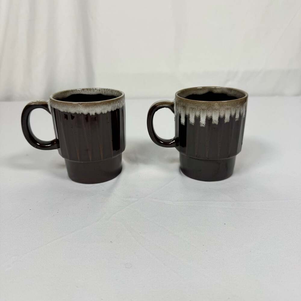 Vintage Set of 2 Stackable Brown Drip Glaze Coffee Mugs Japan MCM
